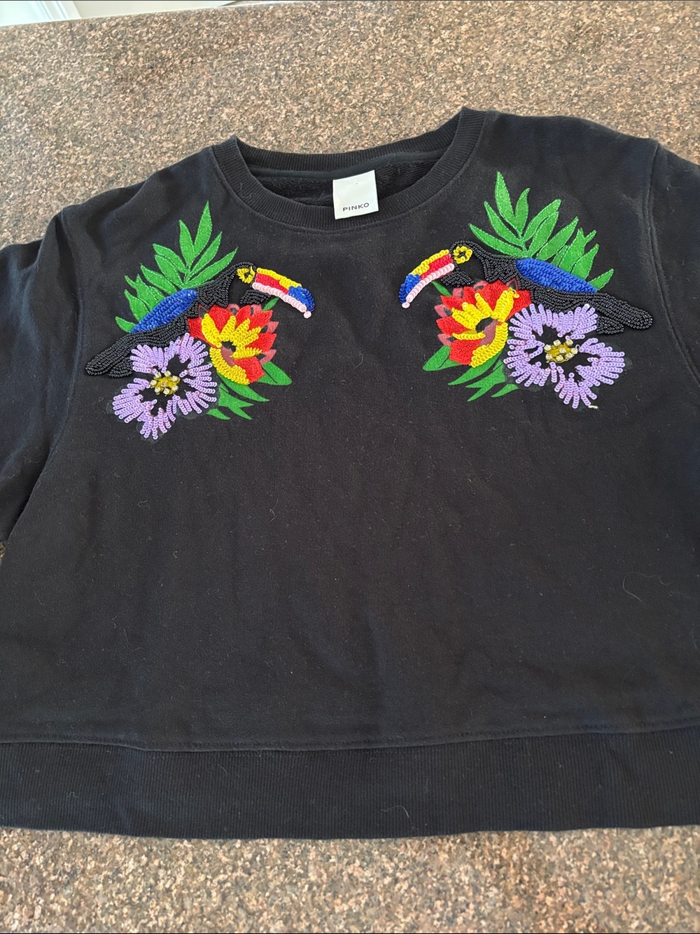 Pinko Italy Ladies Black Sequin Beaded Toucan Birds Crop Sweatshirt-S